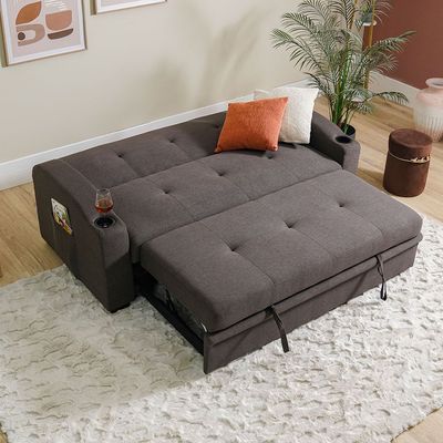 Alejandro 3-Seater Fabric Sofa Bed with Side Sleeves and Cup holders - Dark Brown - With 2-Year Warranty