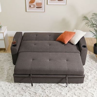 Alejandro 3-Seater Fabric Sofa Bed with Side Sleeves and Cup holders - Dark Brown - With 2-Year Warranty