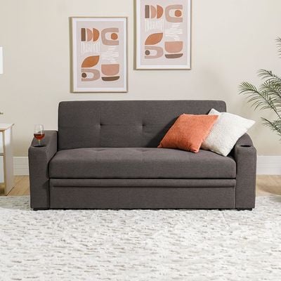 Alejandro 3-Seater Fabric Sofa Bed with Side Sleeves and Cup holders - Dark Brown - With 2-Year Warranty