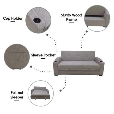 Alejandro Fabric Sofa Bed w/ 2 Cup Holders - Warm Grey