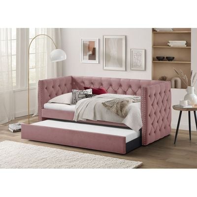 Chicago 90x200 Single Day Sofa Bed with Trundle Rose Pink - 2 Year Warranty