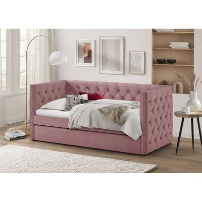 Chicago 90x200 Single Day Sofa Bed with Trundle Rose Pink - 2 Year Warranty