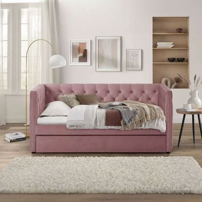 Chicago 90x200 Single Day Sofa Bed with Trundle Rose Pink - 2 Year Warranty