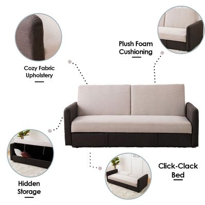 Seattle 3-Seater Fabric Sofa Bed - Coffee/Beige - With 2-Year Warranty