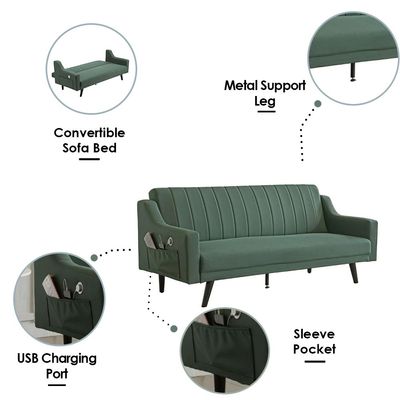 Nashville 3-Seater Fabric Sofa Bed - Green - With 2-Year Warranty