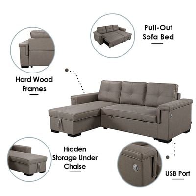 Click Fabric Corner Sofa Bed with USB - Stone - With 2-Year Warranty