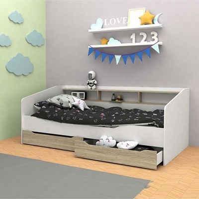 Kinder 90x190 Day Bed with Storage Headboard & 2 Drawers - White & Sonoma Oak - With 2-Year Warranty