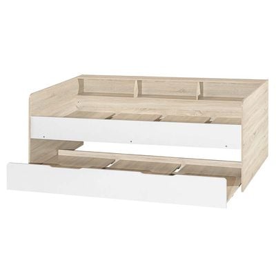 Kinder 90x190 Day Bed with Storage Headboard & 90x190 Trundle Bed - White & Sonoma Oak - With 2-Year Warranty