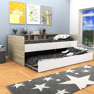 Kinder 90x190 Day Bed with Storage Headboard & 90x190 Trundle Bed - White & Sonoma Oak - With 2-Year Warranty