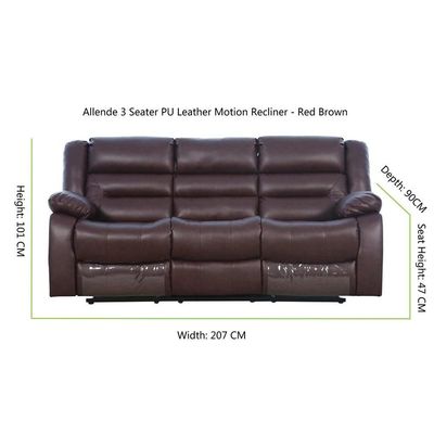 Allende 3 Seater PU Leather Motion Recliner - Red Brown