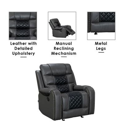 Fremont 1 Seater Air Leather Glider Recliner - Dark Grey / Black