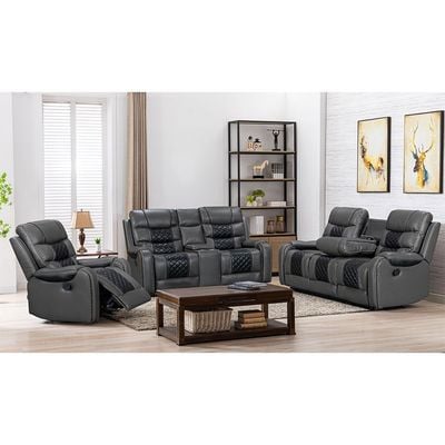 Fremont 3+2+1 Seater Air Leather Glider Recliner Set - Dark Grey / Black