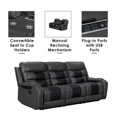 Fremont 3 Seater Air Leather Glider Recliner - Dark Grey / Black