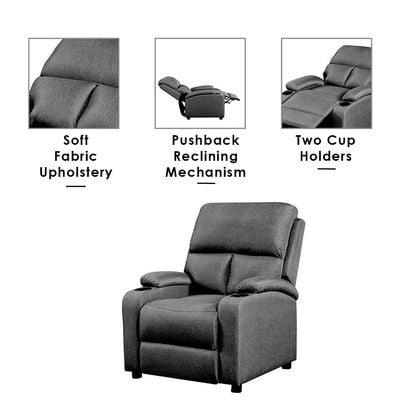 Mystic 1-Seater Fabric Pushback Recliner with Cup Holder - Grey - With 2-Year Warranty