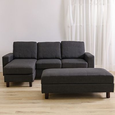 Crescent 3-Seater Fabric Corner Sofa with Storage Ottoman - Grey - With 2-Year Warranty