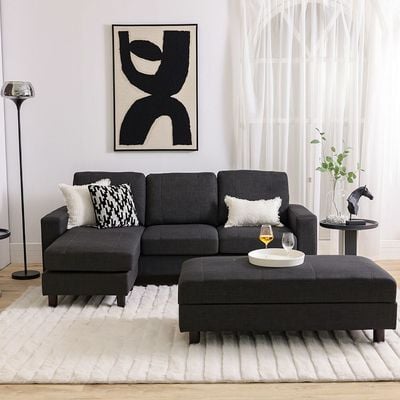 Crescent 3-Seater Fabric Corner Sofa with Storage Ottoman - Grey - With 2-Year Warranty