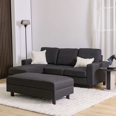 Crescent 3-Seater Fabric Corner Sofa with Storage Ottoman - Grey - With 2-Year Warranty