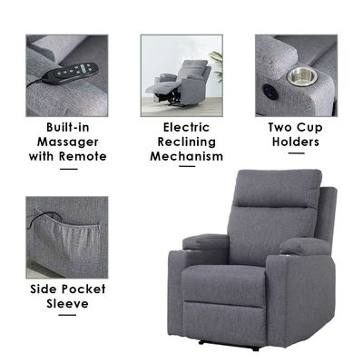 Taylor1-Seater Fabric Power Recliner with Massage Options & Cup Holder - Grey - With 2-Year Warranty