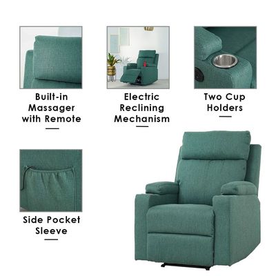 Taylor1-Seater Fabric Power Recliner with Massage Options & Cup Holder - Green - With 2-Year Warranty 