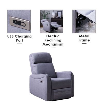 Bronx 1-Seater Fabric Recliner with USB - Grey - With 2-Year Warranty