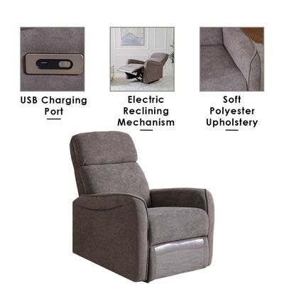 Bronx 1-Seater Fabric Recliner with USB - Brown - With 2-Year Warranty