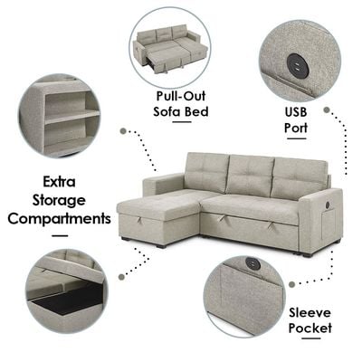 Castro 3-Seater Reversible Fabric Corner Sofa Bed with Storage and USB Port - Beige