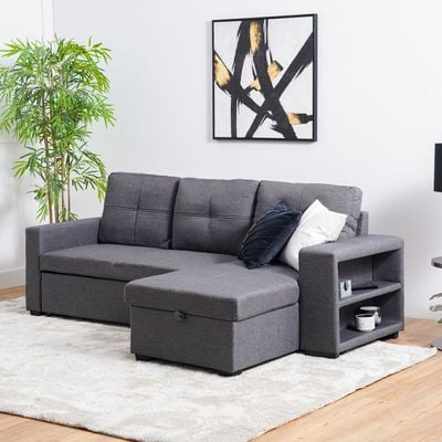 كاسترو - أريكة سرير زاوية قماشية قابلة للعكس 3 مقاعد مع وحدة تخزين ومنفذ USB - رمادي