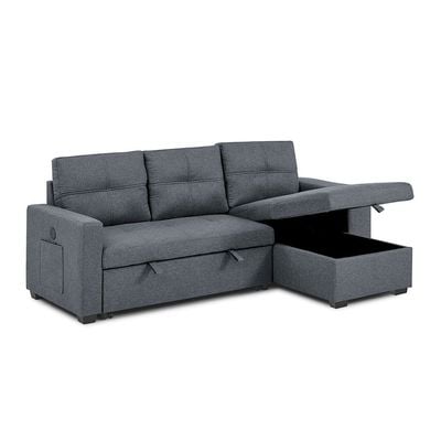 كاسترو - أريكة سرير زاوية قماشية قابلة للعكس 3 مقاعد مع وحدة تخزين ومنفذ USB - رمادي