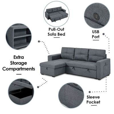 Castro 3-Seater Reversible Fabric Corner Sofa Bed with Storage and USB Port - Grey