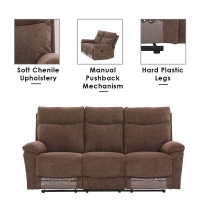 Valor 3-Seater Fabric Recliner - Light Brown - With 2-Year Warranty