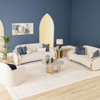 Natsuda 6-Seater Fabric Sofa Set - Beige/Gold - With 2-Year Warranty