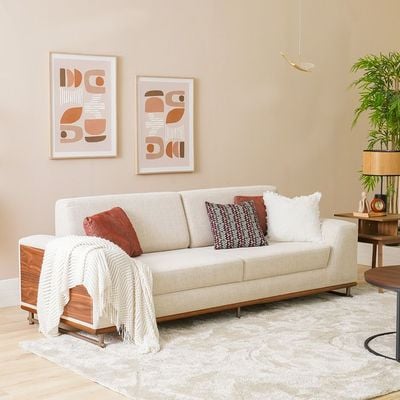 Jehangir 3 Seater Fabric Sofa -  Beige / Walnut