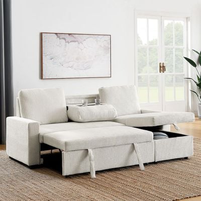 Serta Reversible Corner Fabric Sofabed W/ Storage And Drop Table + Cup Holders  - Beige