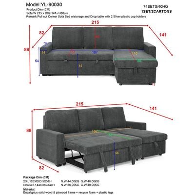 Serta Reversible Corner Fabric Sofabed W/ Storage And Drop Table + Cup Holders  - Grey