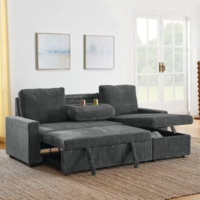 Serta Reversible Corner Fabric Sofabed W/ Storage And Drop Table + Cup Holders  - Grey