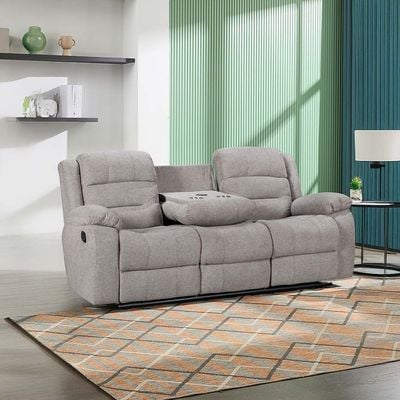 Tucker 3-Seater Fabric Recliner with Drop-Down Table & Wireless Charging - Grey - Grey - With 2-Year Warranty