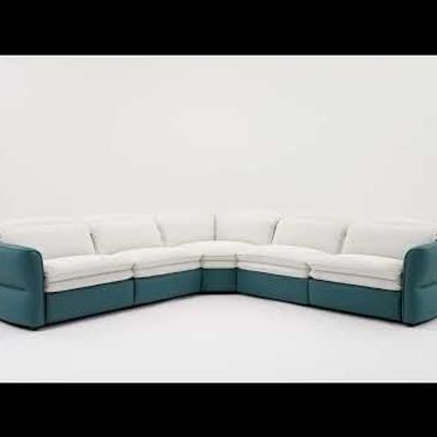 Jaza Sectional Corner Sofa w/ 3 Electric Recliner and Headrest - White Fabric/Blue PU