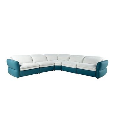 Jaza 5-Seater Sectional Corner Sofa with 3 Electric Recliner and Headrest - White Fabric/Blue PU - With 2-Year Warranty