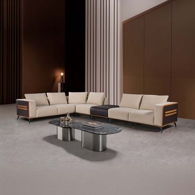 Tierra 9-Seater Sectional PU Leather Corner Sofa with Stool - Beige/Orange/Black - With 3-Year Warranty