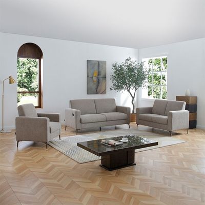 Theodora 3+2+1 Fabric Sofa Set W/Side Pocket & USB Port- Dark Grey