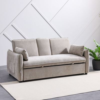 Thiero Fabric Pull-Out Sofa Bed with Drop Down Table + 2 Cup Holders -Taupe