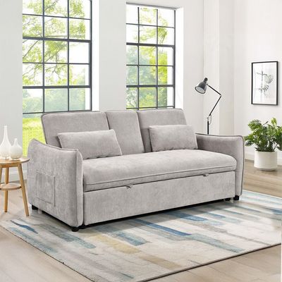 Thiero Fabric Pull-Out Sofa Bed with Drop Down Table + 2 Cup Holders -Taupe