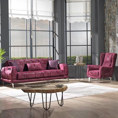 Mildred 3 Seater Fabric Sofa - Cranberry / Silver