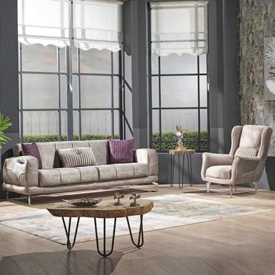 Mildred 3 Seater Fabric Sofa - Beige / Silver