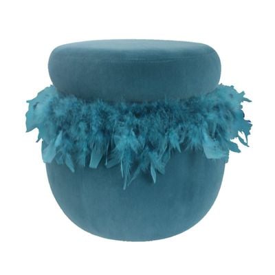 Conde Velvet Pouf With Feather - Blue