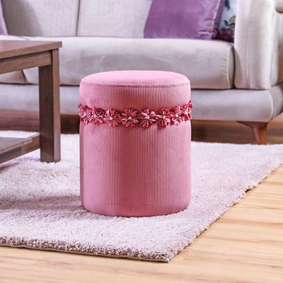 Sansa Velvet Pouf with Flower - Pink