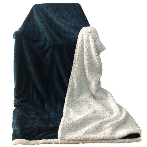 جاكوارد - بطانية شيربا سادة من قماش فلانيل قطيفة قابل للعكس - أزرق كحلي - 150 × 200 سم
