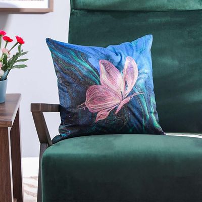 Radiant Embroidered Butterfly Cushion Cover 45X45 Cm Blue