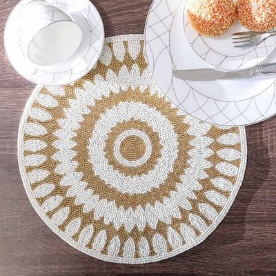Dazzle Beaded Placemat 35 Cm Round Ivory Gold