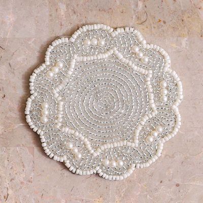 Dazzle 4 -Pcs Beaded Coster Set Round 10 Cm Ivory Silver
